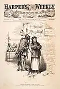Political cartoon by Thomas Nast depicting a Chinese immigrant, American Indian, and African American, published in the periodical Harper's Weekly on February 8, 1879. The Chinese man and American Indian man stand together looking at a wall plastered with xenophobic headlines. To the left, an African American reclines in the background. The image is captioned as follows: "EVERY DOG" (NO DISTINCTION OF COLOR) "HAS HIS DAY" [line break] Red Gentleman to Yellow Gentleman. "Pale face 'fraid you crowd him out, as he did me."