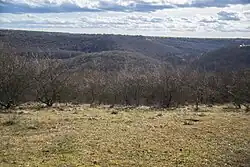 The view of the "Shpyl" (the Spire) mountain on the opposite bank of the Rusava River from the village