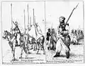 An 1839 drawing of Orenburg Cossacks wearing bashlyks (left)