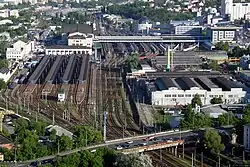 On the left is a suburban rail, further back is the main station.