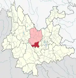 Location of Shuangbai County in Chuxiong Prefecture within Yunnan province