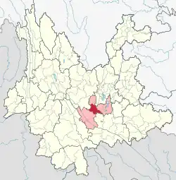 Location of Eshan County (red) and Yuxi Prefecture (pink) within Yunnan province