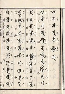 Shorter Sukhāvatīvyūha Sūtra written in katakana, Siddhaṃ scripts and kanji. This book was published in 1773 in Japan.