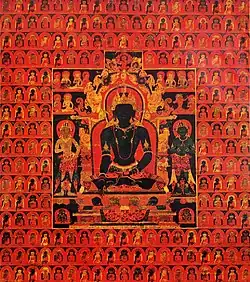 'The Dhyani Buddha Akshobhya', Tibetan thangka, late 13th century, Honolulu Museum of Art. The background consists of multiple images of the Five Dhyani Buddhas.