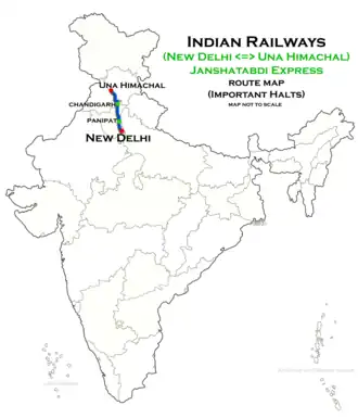 (New Delhi - Una Himachal) Janshatabdi Express route map