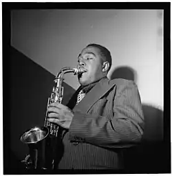 Photograph of Charlie Parker playing saxophone