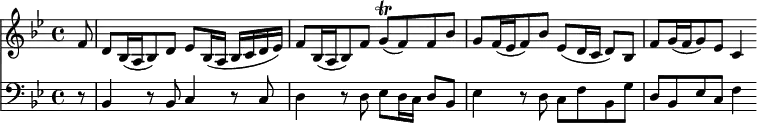
<< <<
\new Staff { \clef treble \time 4/4 \partial 8 \key bes \major 
    \set Staff.midiInstrument = "oboe" \set Score.tempoHideNote = ##t 
    \relative c' { 
    f8 | d[ bes16( a bes8) d] es bes16( a bes c d es) | 
    f8[ bes,16( a bes8) f'] g\trill( f) f bes | 
    g[ f16( es f8) bes] es,( d16 c d8) bes | 
    f'8[ g16( f g8) es] c4 }
}
\new Staff { \clef bass \time 4/4 \key bes \major
    \set Staff.midiInstrument = "cello"
    \relative c {
    r8 | bes4 r8 bes c4 r8 c |
    d4 r8 d es d16 c d8 bes |
    es4 r8 d c f bes, g' |
    d bes es c f4 }
}
>> >>
\layout { indent = #0 }
\midi { \tempo 4 = 66 }
