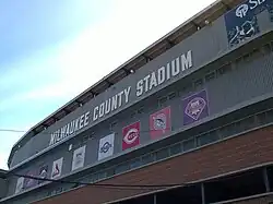 The side of the facility with the words Milwaukee County Stadium