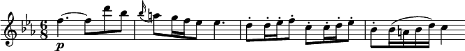 
\relative a'' { 
\key ees \major
\time 6/8 
\tempo ""
\tempo 4 = 120
f4.~\p f8 d' bes
\appoggiatura bes16 a8 g16 f ees8  ees4.
d8\staccato d16\staccato ees\staccato f8\staccato c\staccato c16\staccato d\staccato ees8\staccato
bes\staccato bes16 (a bes d) c4
}
