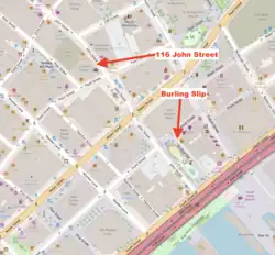 Map showing the locations of 116 John Street and Burling Slip. They are two blocks away from each other, separated by Pearl Street, Water Street, and Front Street.