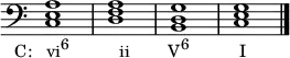 {
\override Score.TimeSignature #'stencil = ##f
\relative c {
\clef bass
\time 4/4
<c e a>1_\markup { \concat { \translate #'(-4 . 0) { "C: vi" \raise #1 \small "6" \hspace #6.5 "ii" \hspace #5 "V" \raise #1 \small "6" \hspace #6.5 "I" } } }
<d f a> <b d g> <c e g> \bar "|."
} }