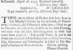 Newspaper item encouraging British settlement in Chebucta, Nova Scotia, 1749