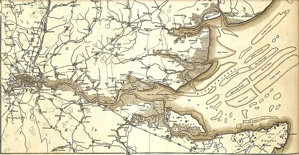 Thames marshland, London to the North Sea, here shown in a late 18th-century map