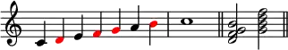 {
\override Score.TimeSignature #'stencil = ##f
\relative c' {
\clef treble
\time 7/4 c4 \once \override NoteHead.color = #red d e \once \override NoteHead.color = #red f \once \override NoteHead.color = #red g a \once \override NoteHead.color = #red b \time 4/4 c1 \bar "||"
\time 4/4 <d, f g b>2 <g b d f> \bar "||"
} }