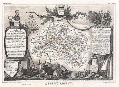 The map, a black-and-white engraving, features the Loiret coat of arms at the top, framed by explanatory cartouches and illustrations of key local products.