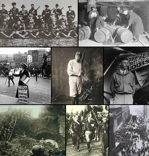 Image 23From left, clockwise: Third Tipperary Brigade Flying Column No. 2 under Seán Hogan during the Irish War of Independence, 1920; prohibition agents destroying barrels of alcohol, 1921, in accordance with the 18th amendment, which made alcoholic beverages illegal in the United States throughout the entire decade; in 1927, Charles Lindbergh embarks on the first solo nonstop flight from New York to Paris on the Spirit of St. Louis; a crowd gathering on Wall Street after the 1929 stock market crash, which led to the Great Depression; Benito Mussolini and fascist Blackshirts during the March on Rome in 1922; the People's Liberation Army attacking government defensive positions in Shandong, during the Chinese Civil War; the women's suffrage campaign leads to numerous countries granting women the right to vote and be elected; Babe Ruth becomes the most famous baseball player of the time. (from 1920s)