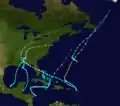 Tracking map of five tropical storms in the Atlantic Ocean, concentrated near the United States.