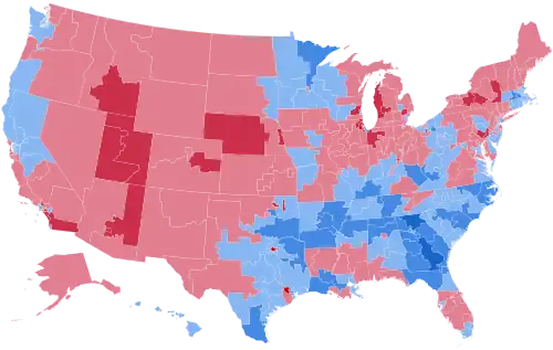 Results by congressional district, shaded according to winning candidate's percentage of the vote