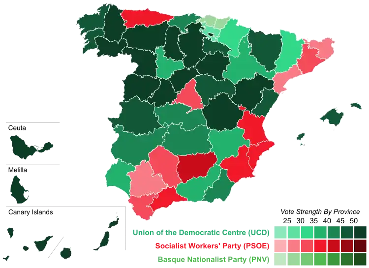Map of Spain showcasing winning party's strength by constituency