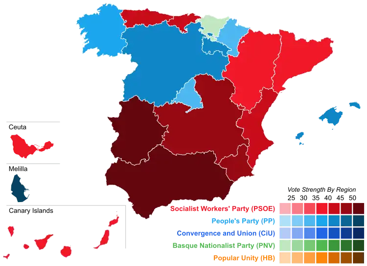 Map of Spain showcasing winning party's strength by autonomous community