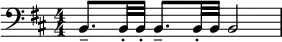  \relative c { \clef bass \key b \minor \numericTimeSignature \time 4/4 b8.-- b32-. b-. b8.-- b32-. b b2 } 