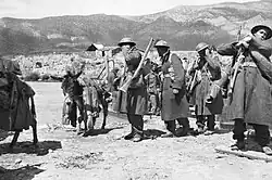 A group of men wearing military uniforms, including steel helmets and large trench coats, standing in front of a mountainous landscape