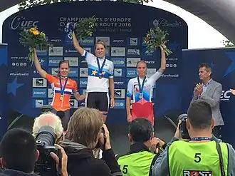 The podium of the event (from left to right): Anna van der Breggen, Ellen van Dijk and Olga Zabelinskaya