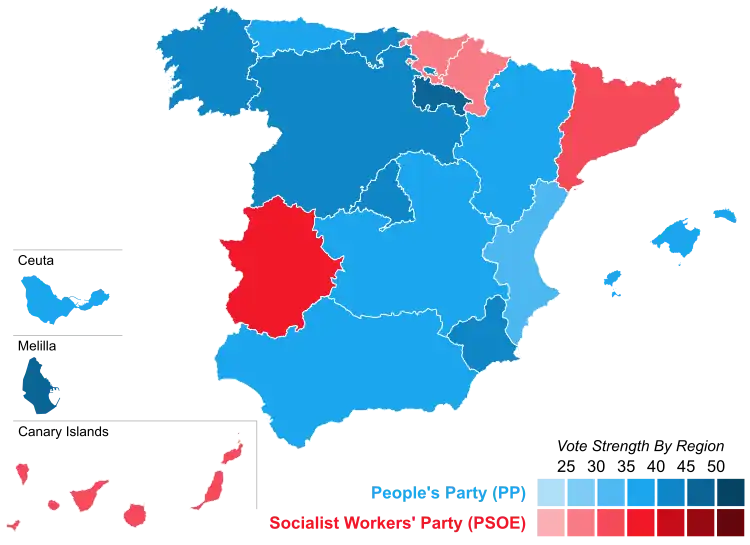 Map of Spain showcasing winning party's strength by autonomous community