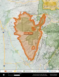 The perimeter of the Park Fire stretches in a jagged oval shape north of Chico, south of State Route 44, east of State Route 99, and west of State Route 32.