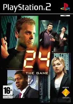 Artwork of a vertical rectangular box that depicts a montage of four images of portrair views of 3D graphical representations of actors. The words "24 The Game" are in the center. The top left portion shows Kiefer Sutherland as Jack Bauer. The top right section shows Carlos Bernard and Reiko Aylesworth as Tony Almeida and Michelle Dessler, respectively. The bottom right corner shows Elisha Cuthbert as Kim Bauer. The bottom left portion shows Dennis Haysbert as David Palmer.