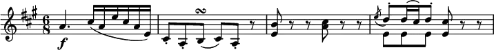  { \tempo 4 = 120 \set Score.tempoHideNote=##t \set Staff.midiInstrument = "violin" \relative a' { \key a \major \time 6/8
a4. \f cis16( a e' cis a e) | cis8-. a-. b( \turn cis) a-. r | <b' e,> 8 r r <cis a> r r |
<< \new Voice = "first" { \stemUp \slurDown \acciaccatura e8 \stemUp \slurUp d8^. d16( cis) d8^. }
   \new Voice = "second" { \stemDown e,8 e e } >> <cis' e,>8 r r }} 