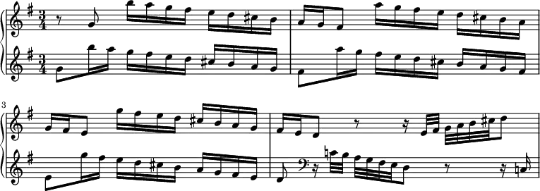 
\new PianoStaff <<
 \new Staff \relative c'' {
  \key g \major \time 3/4
  r8 g b'16 a g fis e d cis b |
  a16 g fis8 a'16 g fis e d cis b a |
  g16 fis e8 g'16 fis e d cis b a g |
  fis16 e d8 r r16 e32 fis g a b cis d8 |
 }
 \new Staff \relative c'' {
  \key g \major
  g8 b'16 a g fis e d cis b a g |
  fis8 a'16 g fis e d cis b a g fis |
  e8 g'16 fis e d cis b a g fis e |
  d8 \clef bass r16 c!32 b a g fis e d8 r r16 c! |
 }
>>
