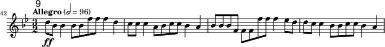 
\relative c'' \new Staff {
  \key bes \major \clef "treble"
  \set Staff.midiInstrument = "oboe"
  \tempo "Allegro" 2 = 96
  \set Score.currentBarNumber = #42 \bar ""
  \override Score.RehearsalMark #'self-alignment-X = #1
  \mark \markup \sans 9

  \time 3/2 d8\ff bes bes4 bes8 bes f' f f4 d | c8 c c4 a8 bes c c bes4 a |
  bes8 bes bes f f f f' f f4 es8 d | d c c4 bes8 bes c c bes4 a |
}
