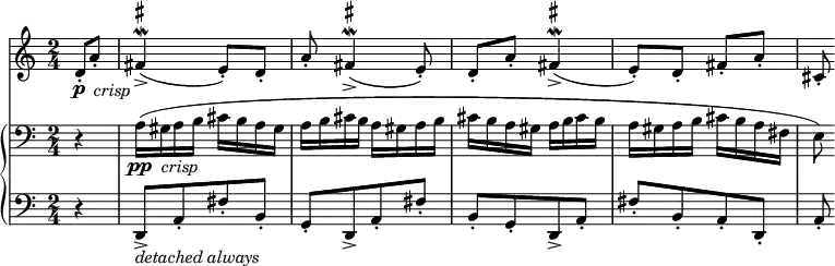   <<
    \new Staff 
	\relative c' {
	\set Staff.midiInstrument = #"alto sax"
    \set Score.tempoHideNote = ##t
    \numericTimeSignature
    \tempo 4 = 160
    \time 2/4 
    \partial 4 
    d8-.\p-\markup { \halign #-2 \lower #3 \italic "crisp"} a'-. fis4->\mordent^\markup { \sharp } (e8-.) d-. a'-. fis4->\mordent^\markup { \sharp }  (e8-.) d-. a'-. fis4->\mordent^\markup { \sharp }  (e8-.) d-. fis-. a-. cis,-.  
 } 
    \new GrandStaff <<
    \new Staff = "a" \relative c' {
    \set Staff.midiInstrument = #"piano"
    \clef bass
    r4 a16\pp-\markup { \halign #-2.4 \italic "crisp"} (gis a b cis b a gis a b cis b a gis a b cis b a gis a b cis b a gis a b cis b a fis e8)
 }
    \new Staff = "b" \relative c, {
    \set Staff.midiInstrument = #"piano"
    \clef bass
    r4 d8->-\markup {\italic "detached always"} [a'-. fis'-. b,-.] g-. [d8-> a'-. fis'-.] b,-. [g-.  d8-> a'-.] fis'-. [b,-. a-. d,-.] a'-.
 }
   \new Staff \with {
      \remove Staff_symbol_engraver
      \remove Clef_engraver
      \remove Time_signature_engraver
      \remove Bar_engraver
      \remove Key_engraver
      \remove Meter_engraver
      \remove Staff_bar_engraver} {
      \relative c' { 
		\set Staff.midiInstrument = #"alto sax"
	    \omit NoteHead
        \omit Stem
        \omit Beam
        \omit Dots
        \omit Accidental
        \omit Tie
        \omit Slur
        \omit Script
        \omit Rest
        \omit Flag
		d8-. a'-. fis16 gis fis8 (e8-.) d-. a'-. fis16 gis fis8  (e8-.) d-. a'-. fis16 gis fis8  (e8-.) d-. fis-. a-. cis,-.
      }
    }
 >>
>>
