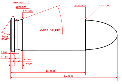 .38 Super maximum C.I.P. cartridge dimensions. All sizes in millimeters (mm).[10]