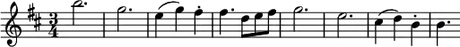 \relative c''' {
\key b \minor
\time 3/4
\clef treble
\tempo 2. = 64
\set Score.tempoHideNote = ##t
\set Staff.midiInstrument = "violin"
\set Score.currentBarNumber = #1
\bar ""
b2. g e4( g) fis-. fis4. d8 e fis g2. e cis4( d) b-. b4.
}
