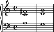 \new PianoStaff <<
\new Staff <<
\new Voice \relative c' {
\stemUp \clef treble \key c \major \time 4/4
fis1 g
}
\new Voice \relative c' {
\stemDown
c1 d
}
>>
\new Staff <<
\new Voice \relative c' {
\clef bass \key c \major \time 4/4
a1 g
}
>>
>>