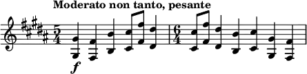 \relative c' {
\tempo "Moderato non tanto, pesante"
\set Score.tempoHideNote = ##t \tempo 4 = 96
\key b \major
\clef treble
\bar ""
\time 5/4 <gis gis'>\f <fis fis'> <b b'> <cis cis'>8 <fis fis'> <dis dis'>4
\time 6/4 <cis cis'>8 <fis fis'> <dis dis'>4 <b b'> <cis cis'> <gis gis'> <fis fis'>)
}