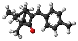Ball-and-stick model of the 4-methylbenzylidene camphor molecule
