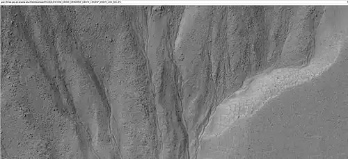 Close-up of small channels in gullies in Arkhangelsky Crater in Argyre quadrangle, as seen by HiRISE under HiWish program Patterned ground in the shape of polygons can be seen to the right.