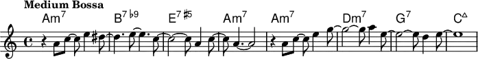 \version "2.22.0"
\header {
tagline = ""
}
global = {
\time 4/4
\key a \minor
\set Score.tempoHideNote = ##t
\tempo "Medium Bossa" 4=148
}
chordNames = \transpose c c, \chordmode {
\global
a1:m7 |
b1:7.9- |
e1:7.5+ |
a1:m7 |
a1:m7 |
d1:m7 |
g1:7
c1:maj7 |
}
melody = \relative c'' {
\global
r4 a8 c~ c e4 dis8~ |
dis4. e8~ e4. c8~ |
c2~ c8 a4 c8~ |
c8 a4.~ a2 |
r4 a8 c~ c e4 g8~ |
g2~ g8 a4 e8~ |
e2~ e8 d4 e8~ |
e1 |
}
\score {
<<
\new ChordNames \chordNames
\new Staff { \melody }
>>
\layout { }
\midi { }
}