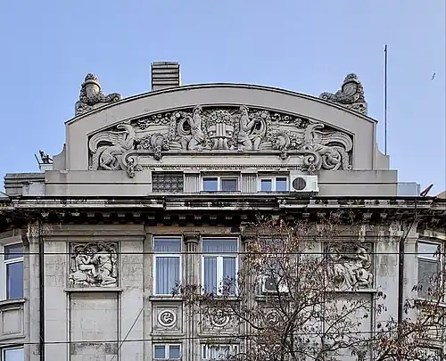 Allegorical representations – Pediment of the Mihai Zisman House (Calea Călărașilor no. 44) in Bucharest, by Soru (1920)