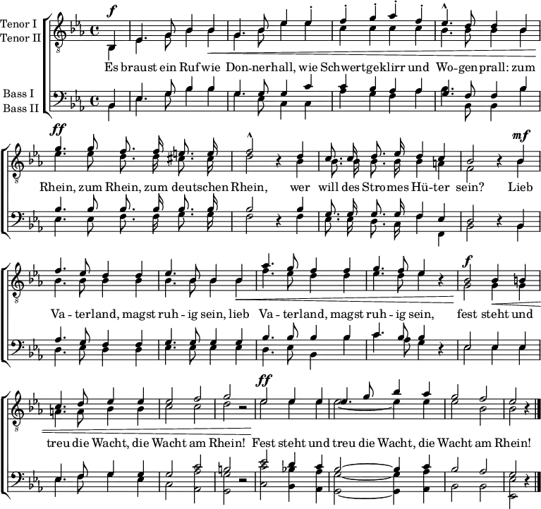 % From https://archive.org/details/GreefMliederH9Aufl6Essen1869/page/n3/mode/1up
% Wilhelm Greef: Männerlieder, alte und neue, für Freunde des mehrstimmigen Männergesanges. 9. Heft, 6. (Stereotyp-) Auflage, Bädeker, Essen 1869
\header { tagline = ##f }
\layout { \context { \Score \remove "Bar_number_engraver" } }
global = { \key es \major \time 4/4 \partial 4 }
tenorOne = \relative c { \global \autoBeamOff
bes4^\f | es4. g8 bes4 bes\< | g4. bes8 es4
es-. | f4-. g-. as-. f-. | es4.-^ d8 d4
bes | g'4.^\ff g8 f8. f16 e8. e16 | f2-^ r4
d4 | c8. c16 d8. es16 d4 c | bes2 r4
bes^\mf | f'4. es8 d4 d | es4. bes8 bes4
bes\< |aes'4. g8 f4 f | g4. f8 es4 r |
bes2^\f bes4\< b | c4. d8 es4 es| es2 f | g2 r2 |
es2^\ff es4 es | es4. g8 bes4 as | g2 f | es2 r4 \bar "|."
}
tenorTwo = \relative c { \global \autoBeamOff
bes4 | es4. g8 bes4 bes | g4. bes8 es4
es | c c c c | bes4. bes8 bes4
bes | es4. es8 d8. d16 cis8. cis16 | d2 r4
bes4 | bes8. bes16 bes8. bes16 bes4 a | f2 r4
bes4 | bes4. bes8 bes4 bes | bes4. bes8 bes4
bes | f'4. es8 d4 d | es4. d8 es4 r |
g,2 g4 g | a4. a8 bes4 bes | c2 c | d r2 |
es2 es4 es | es2~ es4 es | es2 bes | bes r4 \bar "|."
}
bassOne = \relative c { \global \autoBeamOff
bes4 | es4. g8 bes4 bes | g4. \hide DynamicText g8\p g4
c | c bes as as | g4. f8 f4
bes | bes4. bes8 bes8. bes16 bes8. bes16 | bes2 r4
bes | g8. g16 g8. g16 f4 es | d2 r4
bes4 | as'4. g8 f4 f | g4. g8 g4
g4 | bes4. bes8 bes4 bes | c4. bes8 bes4 r4 |
es,2 es4 es | es4. f8 g4 g | g2 c | b r2 |
es d4 c | bes2~ bes4 c | bes2 as | g2 r4 \bar "|."
}
bassTwo = \relative c { \global \autoBeamOff
bes4 | es4. g8 bes4 bes | g4. \hide DynamicText es8\p c4
c | as' g f as | bes4. bes,8 bes4
bes' | es,4. es8 f8. f16 g8. g16 | f2 r4
f4 | es8. es16 d8. c16 f4 f, | bes2 r4
bes4 | d4. es8 d4 d | es4. es8 es4
es | d4. es8 bes4 bes' | c4. as8 g4 r |
es2 es4 es | es4. f8 g4 es | c2 <as' as,> | <g g,> r2 |
<c c,> <bes! bes,>4 <as as,> | <g g,>2~ <g g,>4 <as as,> | bes,2 bes | <es es,> r4 \bar "|."
}
verse = \lyricmode {
Es braust ein Ruf wie Don -- ner -- hall,
wie Schwert -- ge -- klirr und Wo -- gen -- prall:
zum Rhein, zum Rhein, zum deu -- tschen Rhein,
wer will des Stro -- mes Hü -- ter sein?
Lieb Va -- ter -- land, magst ruh -- ig sein,
lieb Va -- ter -- land, magst ruh -- ig sein,
fest steht und treu die Wacht, die Wacht am Rhein!
Fest steht und treu die Wacht, die Wacht am Rhein!
}
\score {
\new ChoirStaff <<
\new Staff \with {
\consists "Merge_rests_engraver"
midiInstrument = "trumpet"
instrumentName = \markup { \column { "Tenor I" \line { "Tenor II" } } }
} <<
\clef "treble_8"
\new Voice = "tenor1" { \voiceOne \tenorOne }
\new Voice = "tenor2" { \voiceTwo \tenorTwo }
>>
\new Lyrics \with { \override VerticalAxisGroup #'staff-affinity = #CENTER }
\lyricsto "tenor1" \verse
\new Staff \with {
\consists "Merge_rests_engraver"
midiInstrument = "trombone"
instrumentName = \markup { \column { "Bass I" \line { "Bass II" } } }
} <<
\clef bass
\new Voice = "bass1" \with { \remove Dynamic_engraver } { \voiceThree \bassOne }
\new Voice = "bass2" { \voiceFour \bassTwo }
>>
>>
\layout { }
\midi { \tempo 4=102 }
}