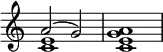 {
\override Score.TimeSignature #'stencil = ##f
\new Staff <<
\new Voice \relative c'' {
\time 4/4
\voiceOne a2( g)
}
\new Voice \relative c' {
\time 4/4
\voiceTwo <c e>1 <c e g a>
}
>>
}