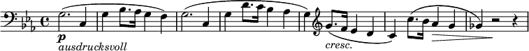 { \new PianoStaff <<
\new Staff \relative g { \set Staff.midiInstrument = #"string ensemble 1" \key c \minor \clef bass \time 4/4 \set Score.tempoHideNote = ##t \tempo 4 = 60
g2. \p _\markup{ \italic {ausdrucksvoll} } ( c,4 | % 2
g'4 bes8. as16 g4 f4 ) | % 3
g2. ( c,4 | % 4
g'4 d'8. c16 bes4 as4 | % 5
g4 ) \clef "treble" g'8. _\markup{ \italic {cresc.} } ( f16 es4 d4 | % 6
c4 ) c'8. ( bes16 as4 \> g4 | % 7
ges4 ) r2 \! r4
}
>> }