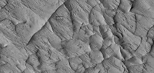 Close view of ridge network, as seen by HiRISE under HiWish program Box shows size of football field.