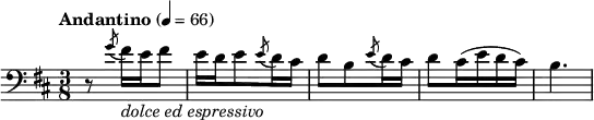 \relative d{
\tempo \markup "Andantino" 4 = 66
\set Staff.midiInstrument = #"oboe"
\clef bass
\key b \minor
\numericTimeSignature \time 3/8
r8 \acciaccatura g'8 fis16_\markup{\italic "dolce ed espressivo"} e fis8
e16 d e8 \acciaccatura e8 d16 cis
d8 b \acciaccatura e8 d16 cis
d8 cis16( e d cis)
b4.(
}