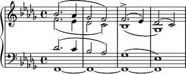 \relative c'' {
\new PianoStaff <<
\new Staff <<
\new Voice = "first" {
\set Staff.midiInstrument = #"piano" \set Score.tempoHideNote = ##t \tempo 4 = 40 \stemUp \clef treble \key bes \minor \time 4/4
bes2. ^( as4 |
ges2 f2 ) |
f2. ^> ^( es4 ) |
des2 ^( c2 ) |
}
\new Voice = "second" {
\stemDown
f2. _( es4 |
des2 c2 ) |
bes1 _( |
ges1 ) |
}
>>
\new Staff <<
\new Voice = "third" {
\stemUp \clef bass \key bes \minor \time 4/4
des'2. ^( c4 |
bes2 as2 ) |
ges1 ^( |
es1 ) |
}
\new Voice = "fourth" \relative c,, {
\stemDown \clef bass \key bes \minor \time 4/4
f'1~
f1~
f1~
f1
}
>>
>>
}