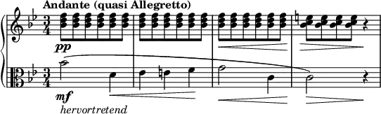 \relative c'' {
\new PianoStaff <<
\new Staff {
\set Staff.midiInstrument = #"piano" \key bes \major \clef treble \time 3/4 \set Score.tempoHideNote = ##t \tempo "Andante (quasi Allegretto)" 4 = 56
<bes d f>8 \pp <bes d f>8 <bes d f>8 <bes d f>8 <bes d f>8 <bes d f>8 |
<bes d f>8 <bes d f>8 <bes d f>8 <bes d f>8 <bes d f>8 <bes d f>8 |
<bes d f>8 \< <bes d f>8 <bes d f>8 <bes d f>8 <bes d f>8 <bes d f>8 |
<bes c e>8 \! \> <bes c e>8 <bes c e>8 <bes c e>8 r4 \! |
}
\new Staff {
\set Staff.midiInstrument = #"piano" \key bes \major \clef alto \time 3/4
bes2 \mf _\markup{ \italic { hervortretend } } ( d,4 \< |
es4 e4 f4 \! |
g2 \< c,4 |
c2 \! \> ) r4 \! |
}
>>
}
