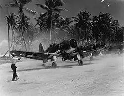 Vought F4U Corsair fighters at Majuro Airfield